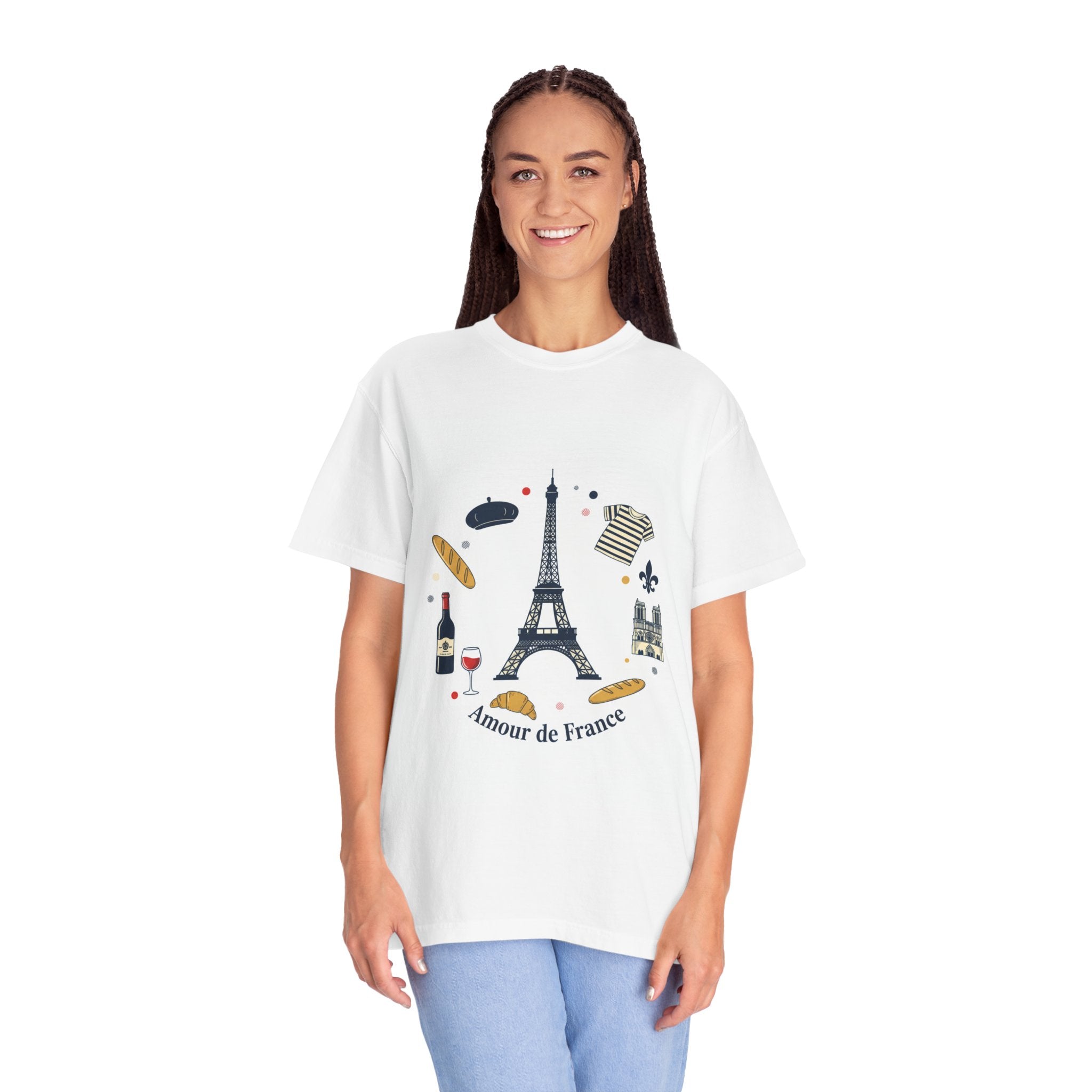 Amour de France T-Shirt — Paris Eiffel Tower Wine & Baguette Graphic