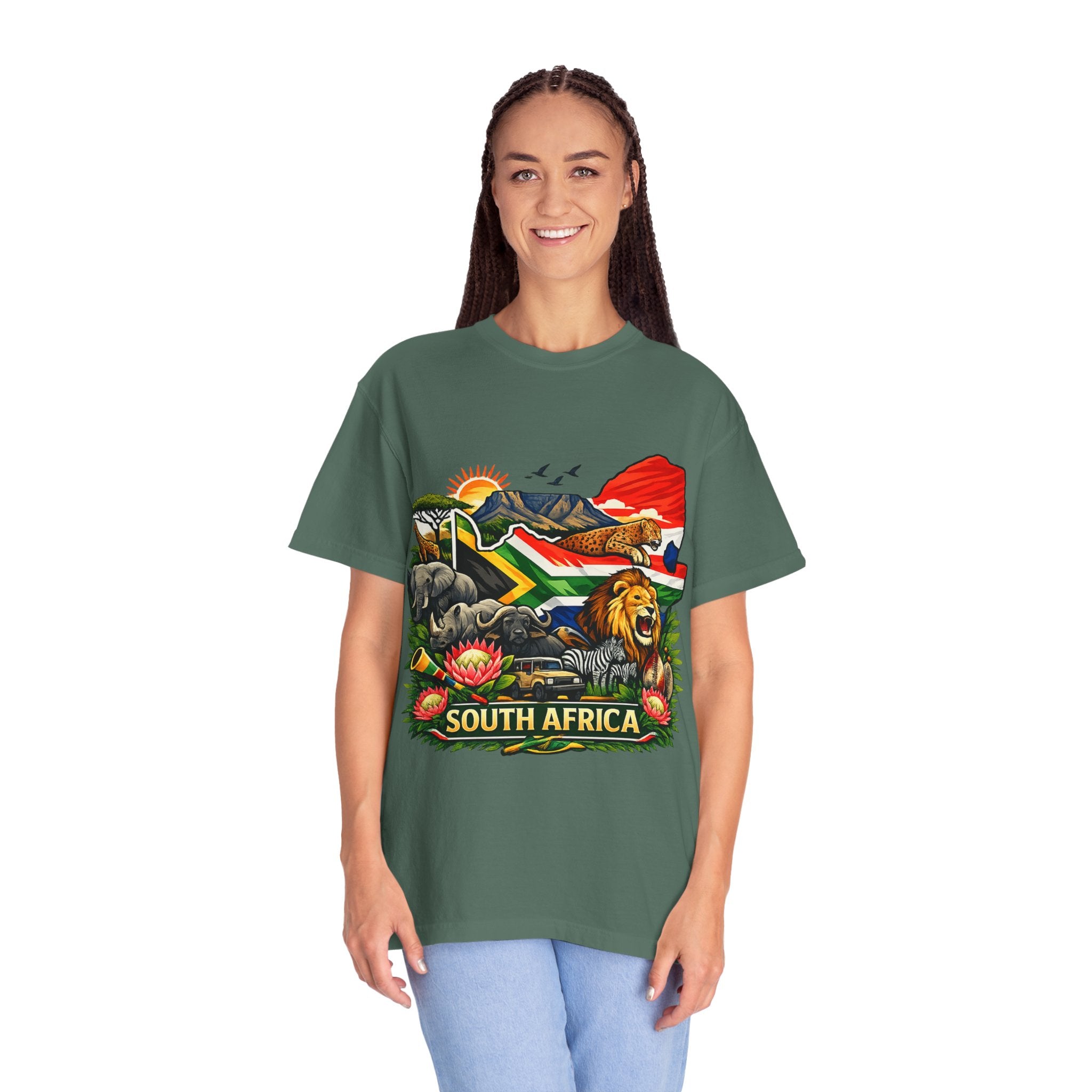 South Africa Wildlife Graphic T-Shirt — Lion, Rhino & Protea Design