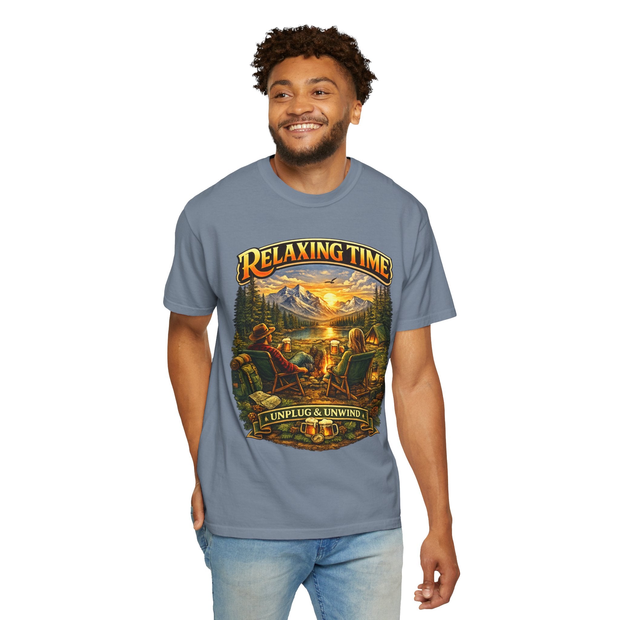 Relaxing Time T-Shirt — "Unplug & Unwind" Camping Graphic Tee