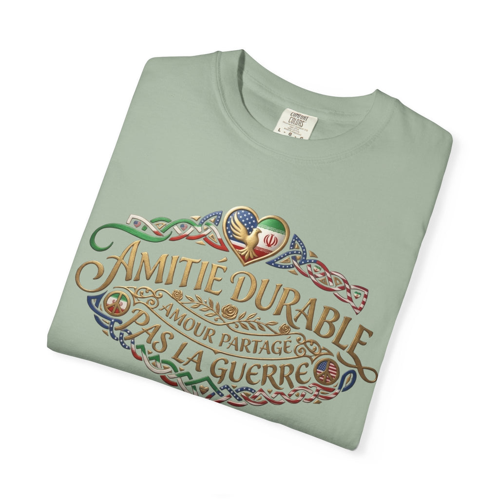 T-Shirt — "Amitié Durable, Amour Partagé, Pas la Guerre" Vintage Peace Heart Design