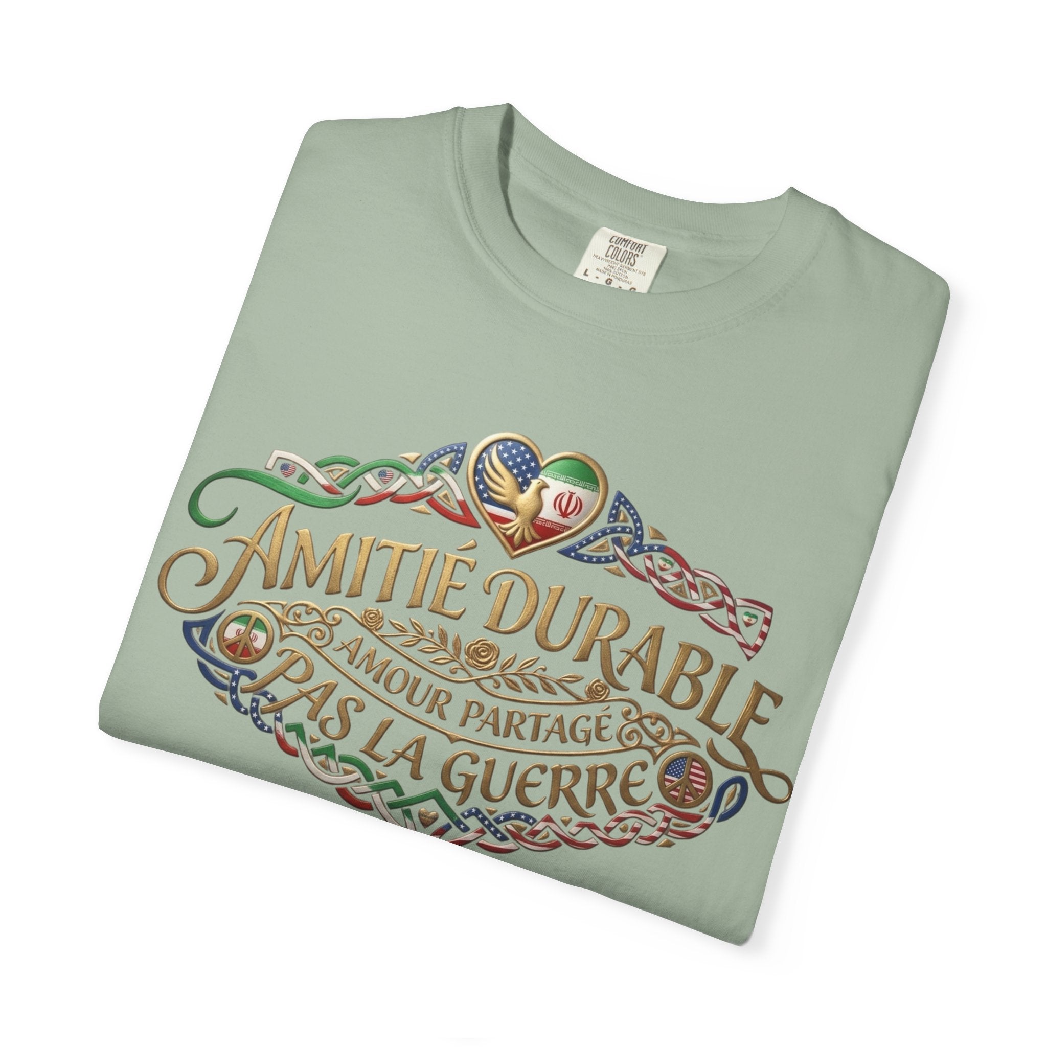 T-Shirt — "Amitié Durable, Amour Partagé, Pas la Guerre" Vintage Peace Heart Design