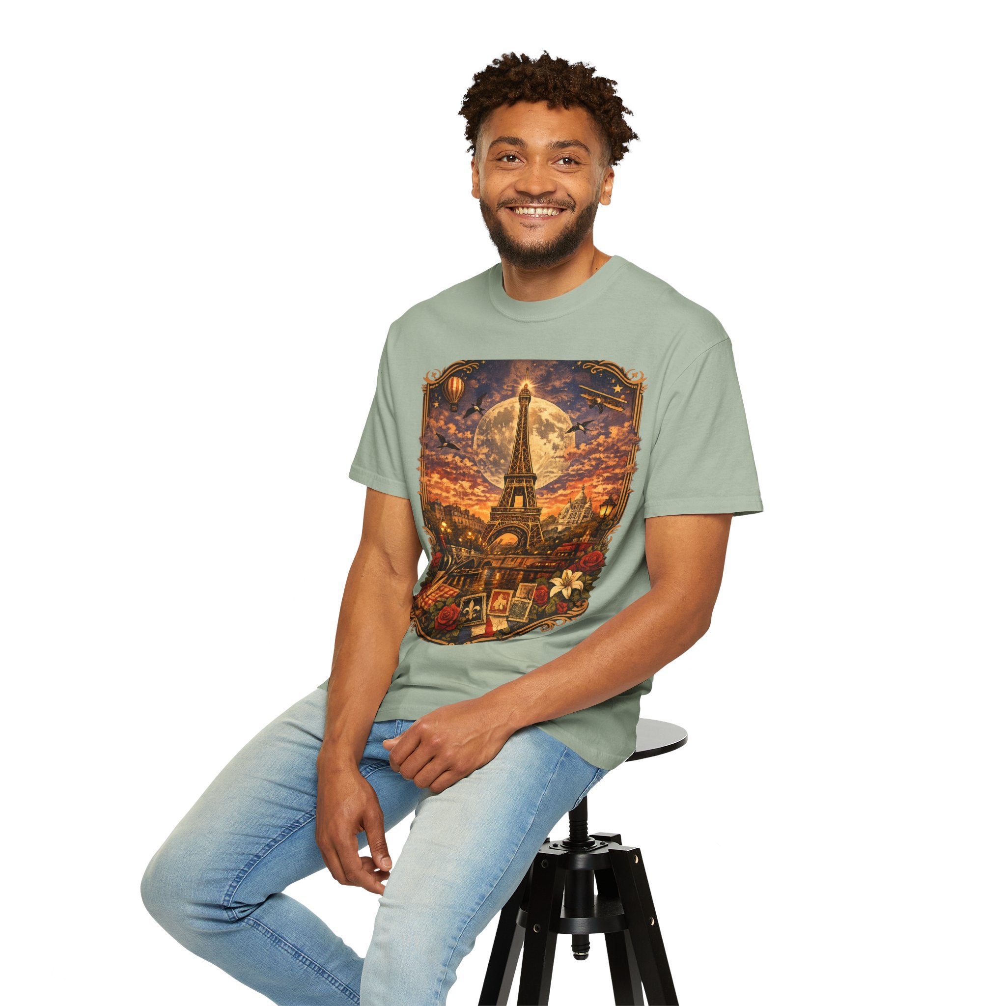 Eiffel Tower Paris Vintage Travel T-Shirt — Moonlit Scenic Souvenir Tee