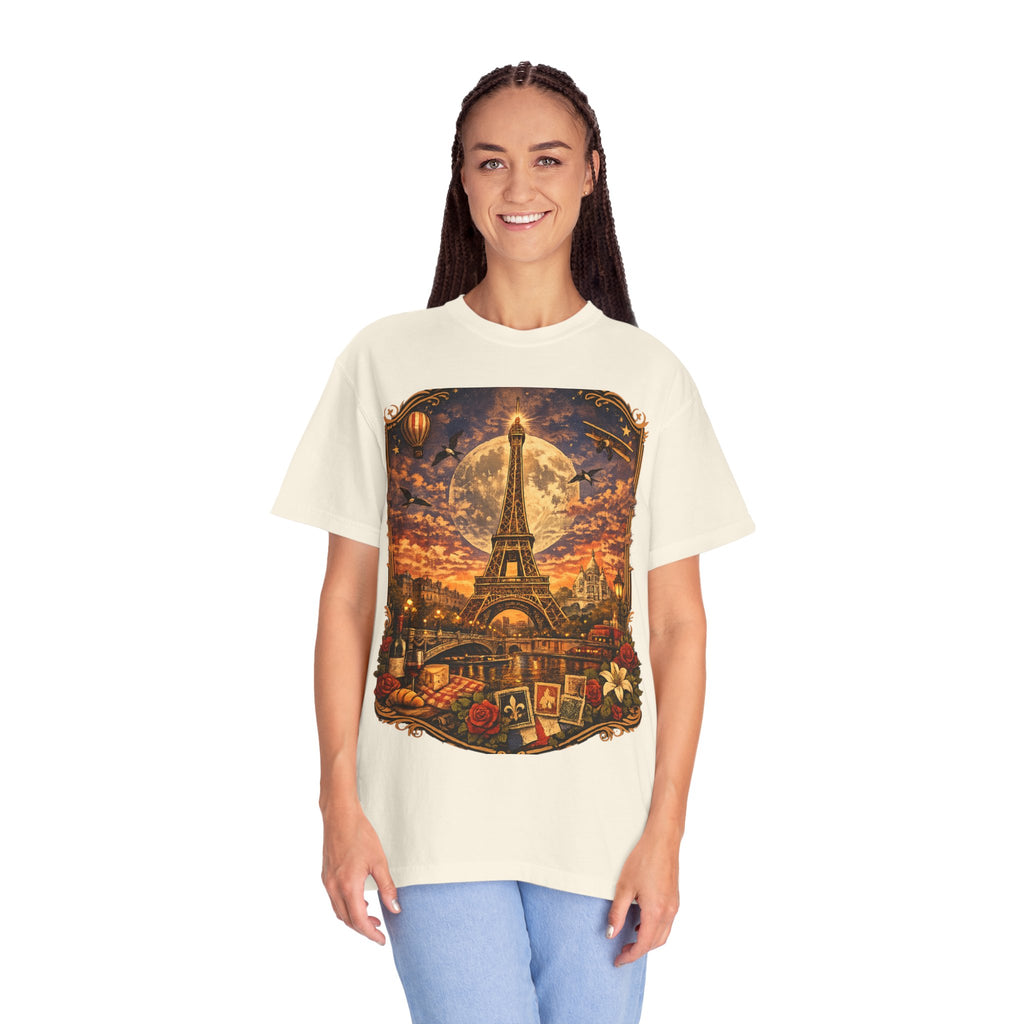 Eiffel Tower Paris Vintage Travel T-Shirt — Moonlit Scenic Souvenir Tee