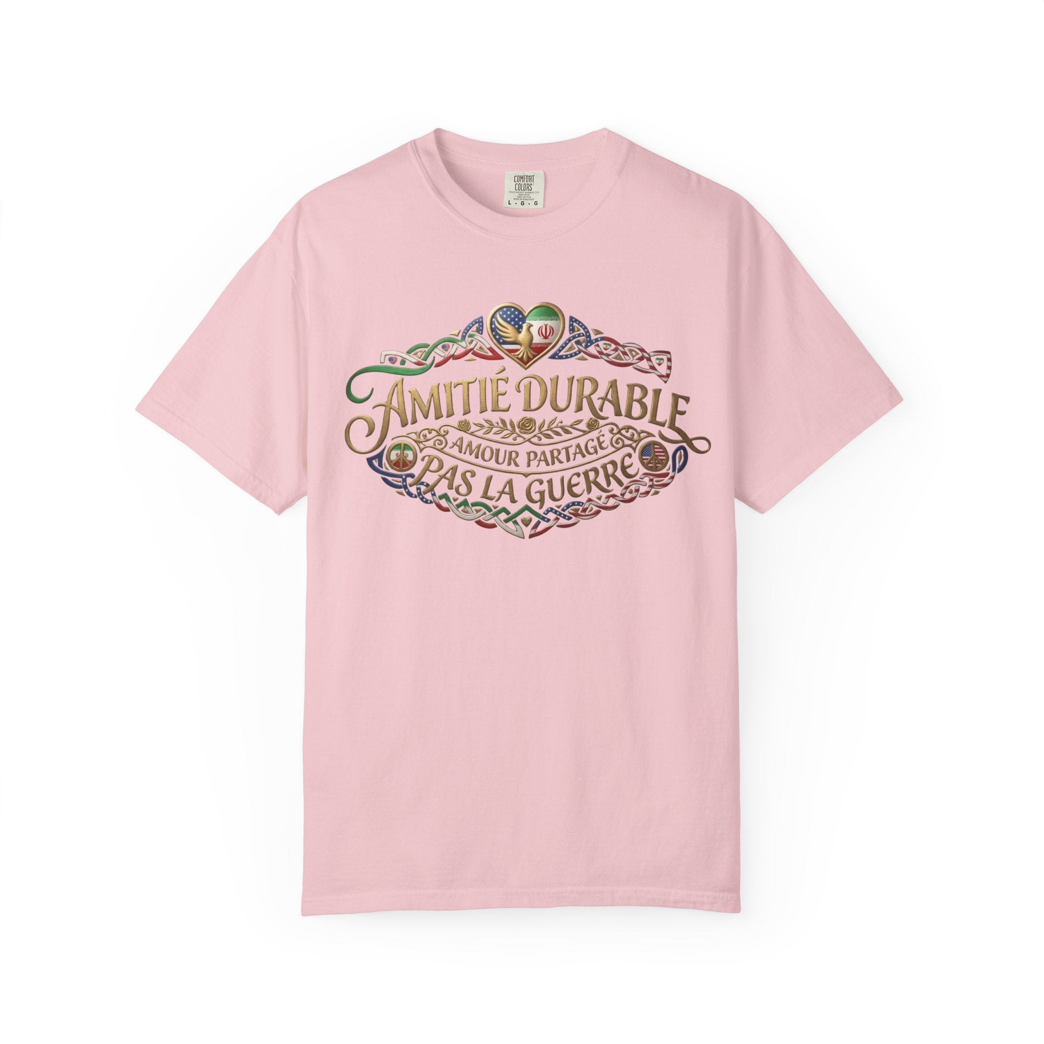 T-Shirt — "Amitié Durable, Amour Partagé, Pas la Guerre" Vintage Peace Heart Design