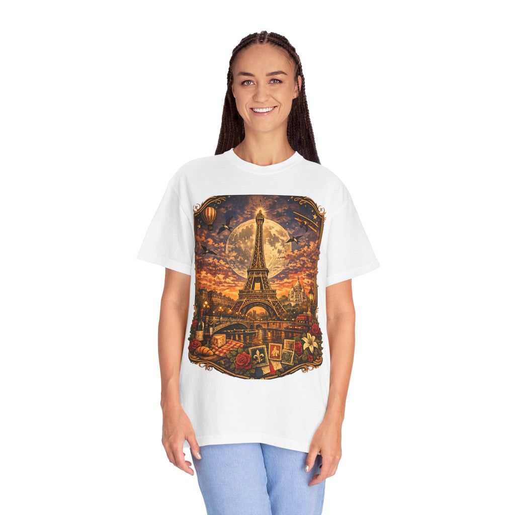 Eiffel Tower Paris Vintage Travel T-Shirt — Moonlit Scenic Souvenir Tee