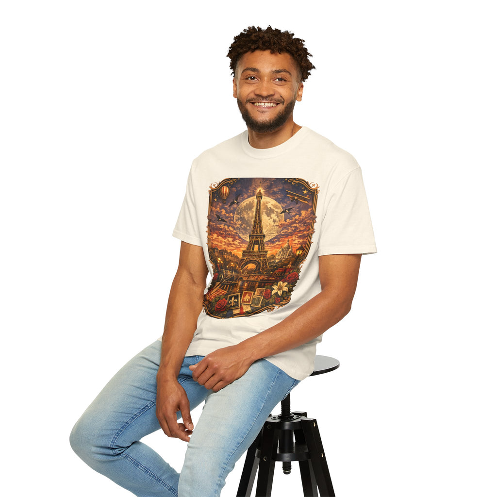 Eiffel Tower Paris Vintage Travel T-Shirt — Moonlit Scenic Souvenir Tee