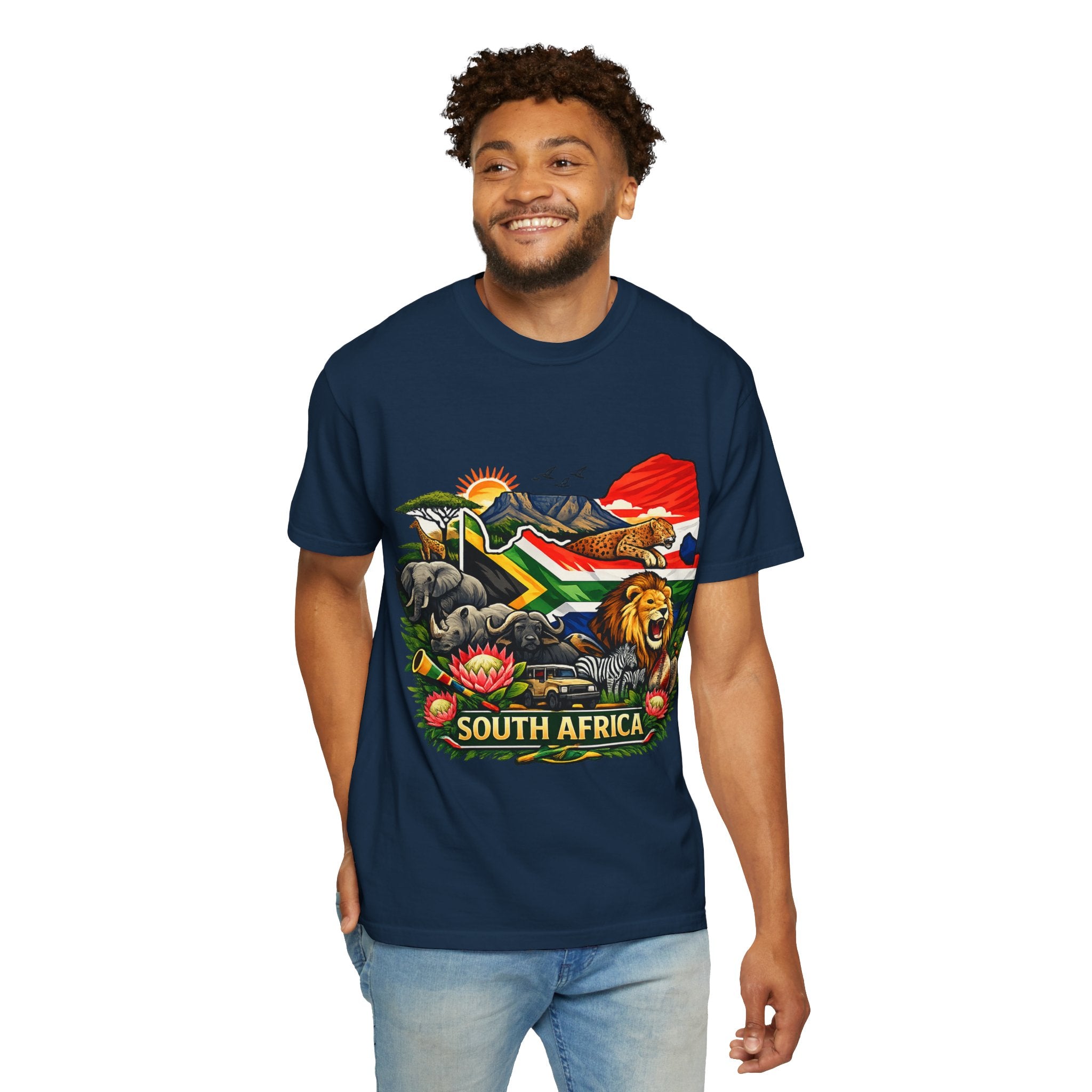 South Africa Wildlife Graphic T-Shirt — Lion, Rhino & Protea Design
