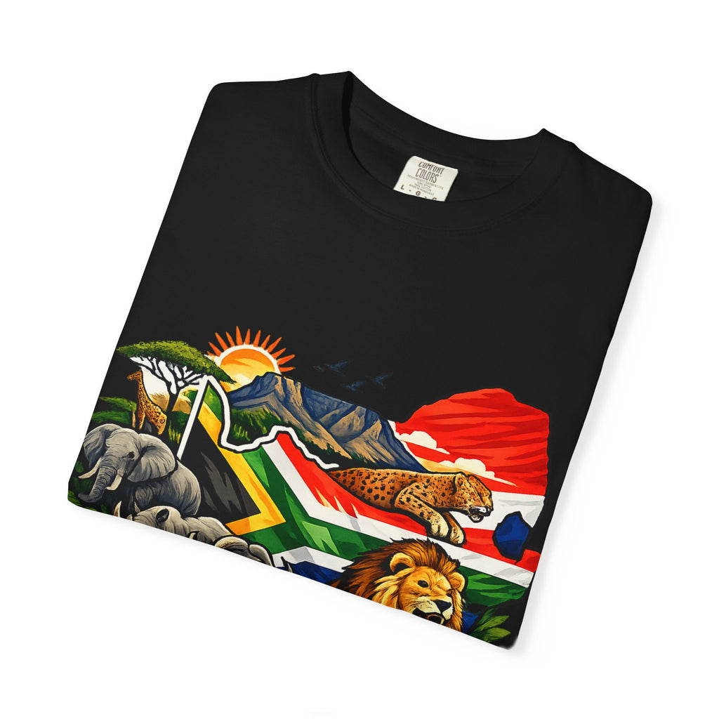 South Africa Wildlife Graphic T-Shirt — Lion, Rhino & Protea Design