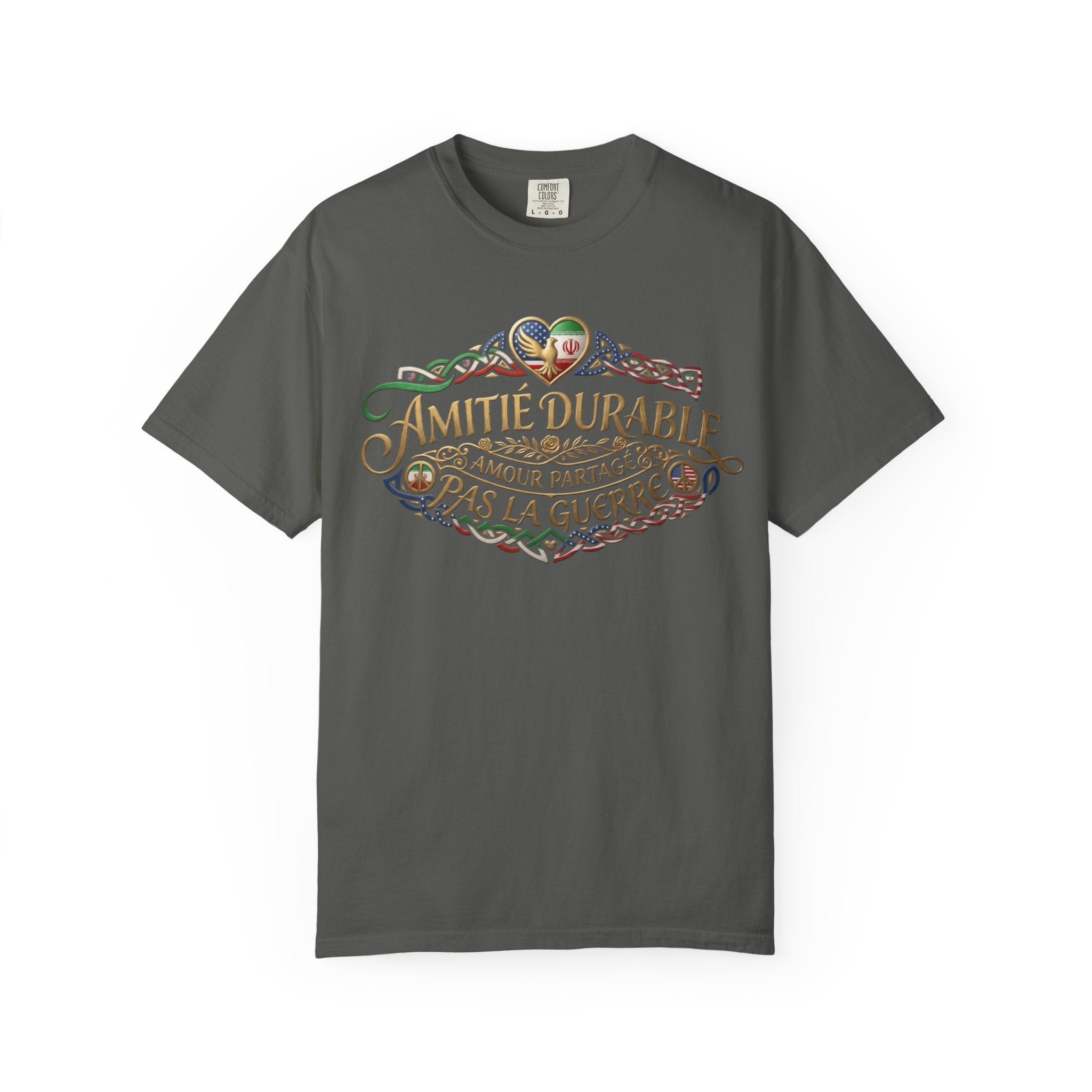 T-Shirt — "Amitié Durable, Amour Partagé, Pas la Guerre" Vintage Peace Heart Design
