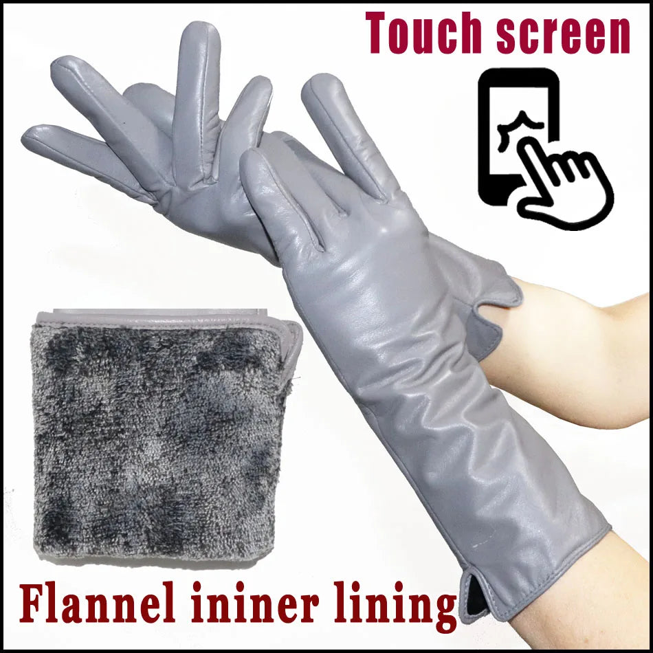 Leather Gloves Women's Sheepskin Mid-length Plus Velvet Thickened Winter Warmth Color Touch screen Authentic 2025 New style