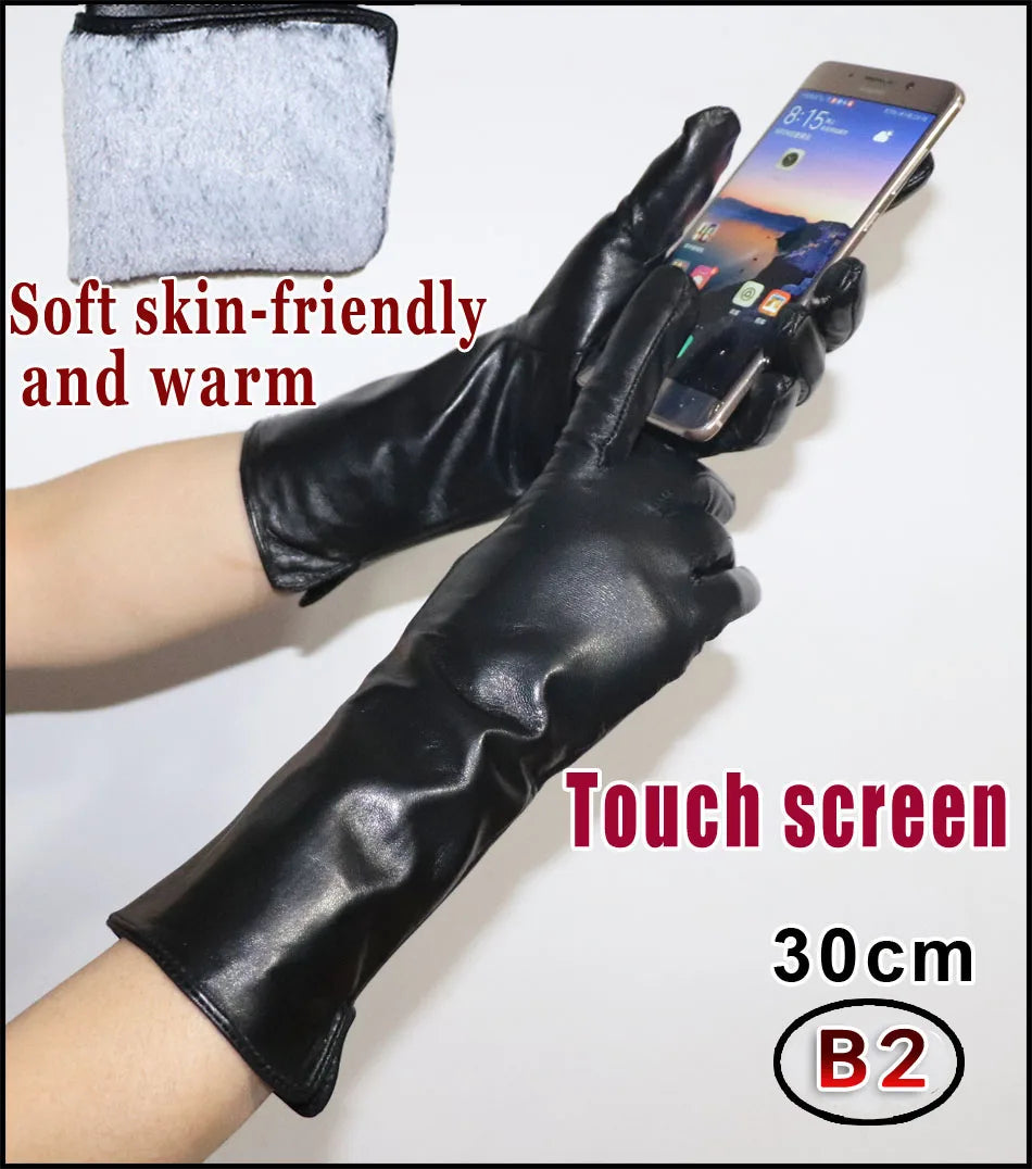 Leather Gloves Women's Sheepskin Mid-length Plus Velvet Thickened Winter Warmth Color Touch screen Authentic 2025 New style