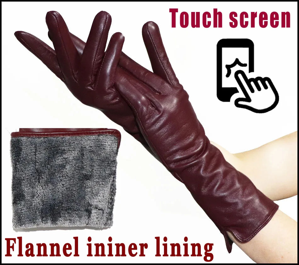 Leather Gloves Women's Sheepskin Mid-length Plus Velvet Thickened Winter Warmth Color Touch screen Authentic 2025 New style
