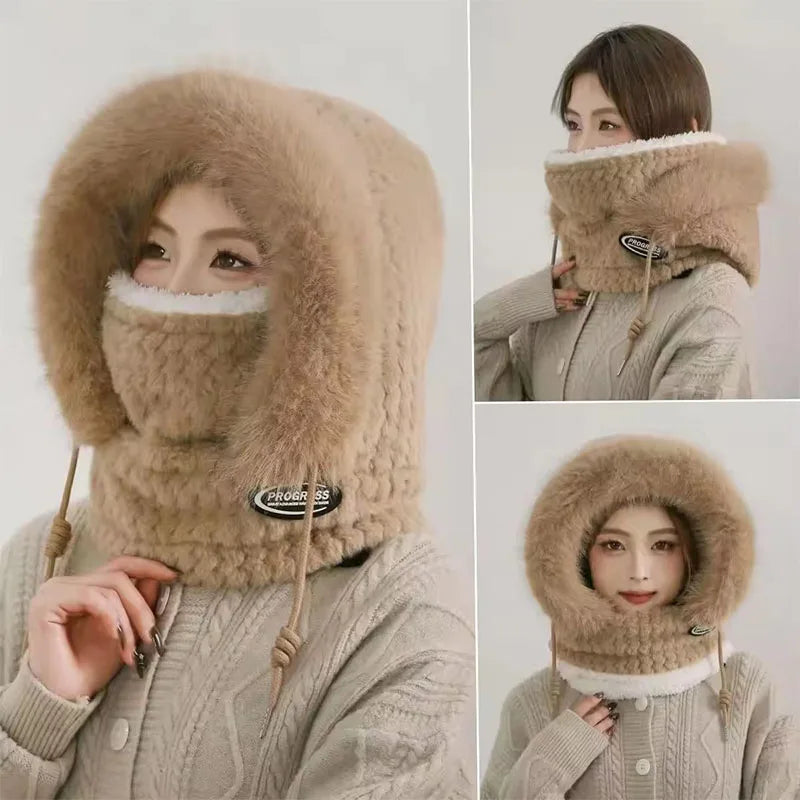 Winter Riding Hat for Women Hood Scarf Mask and Ear Cover Thick Thermal Windproof for Electric Scooter Outdoor Cycling Warmth