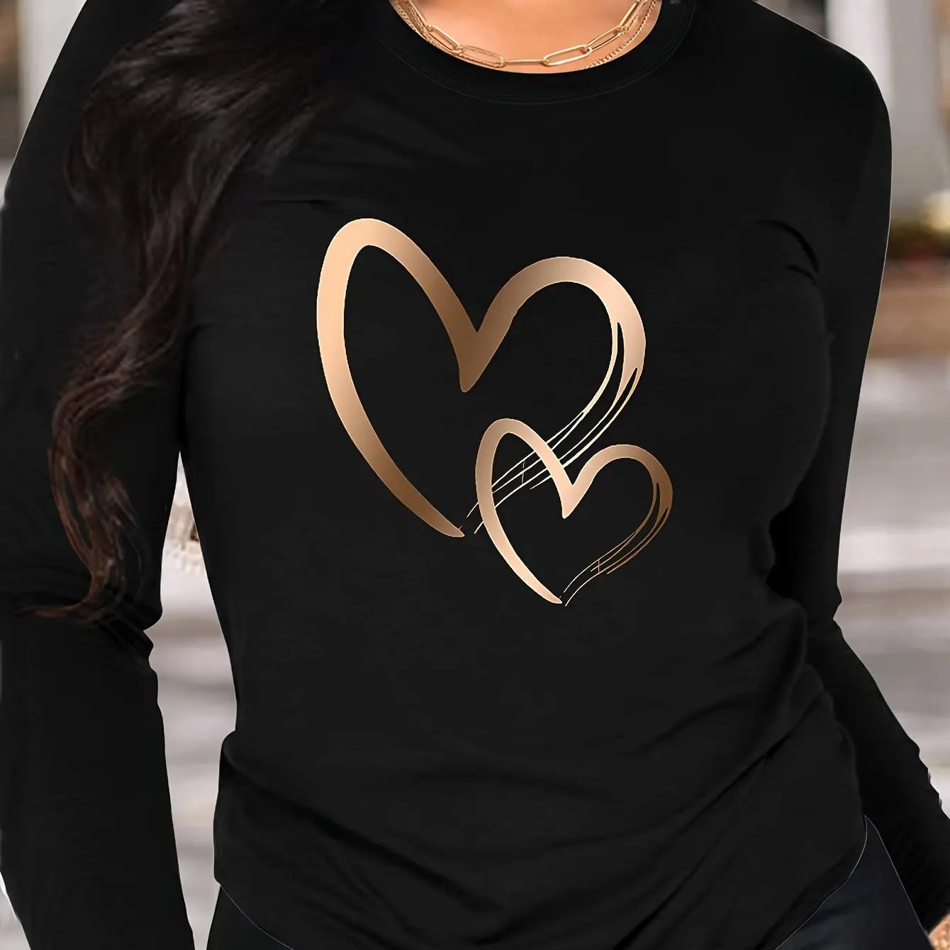 Spring and Autumn Women's 100% Cotton Fashion Casual Loose Heart Pattern Printed Long Sleeve Round Neck T-shirt