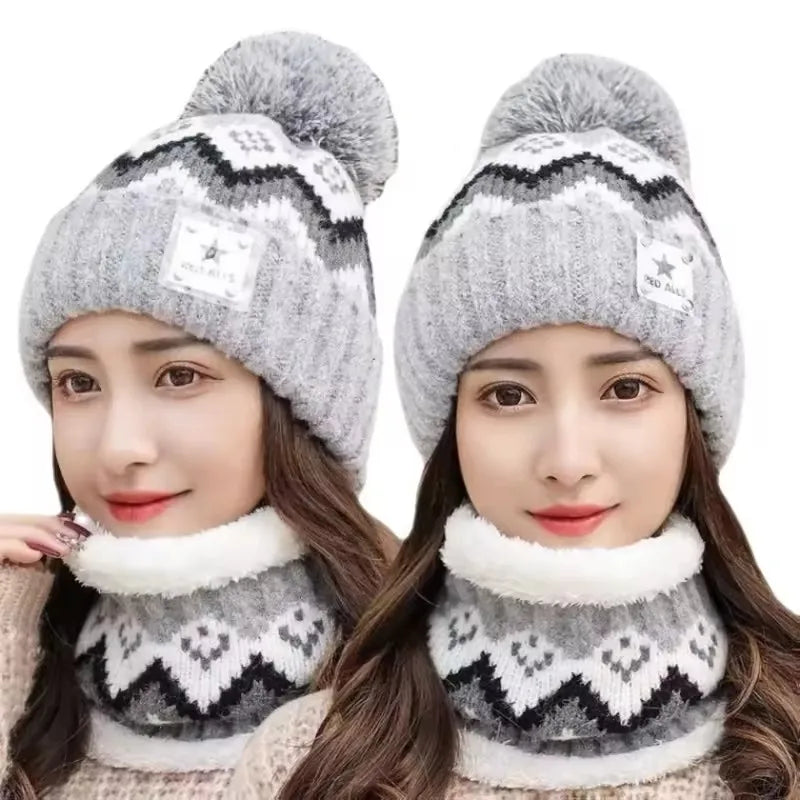 2PCS Winter Women Plush Velvet Hats Neck Warmer Hat Scarf Set Beanies Cycling Windproof Hat Outdoor Ear Protection