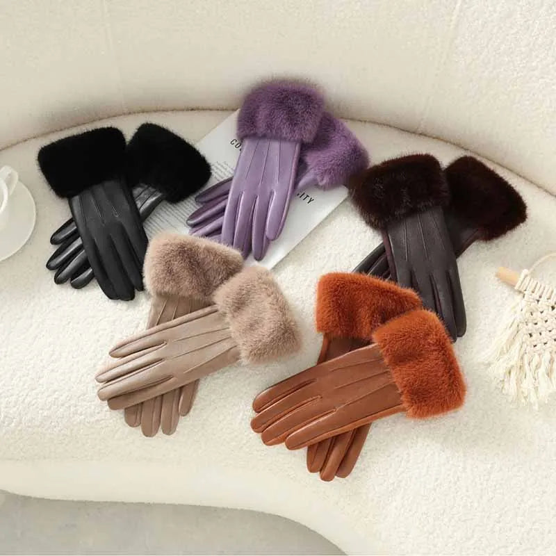 Winter Luxury Women's PU Leather Gloves Wrist Soft Faux Fur Trim Cuff Fashion Elegant Party Warm Touch Screen Drive Cycling