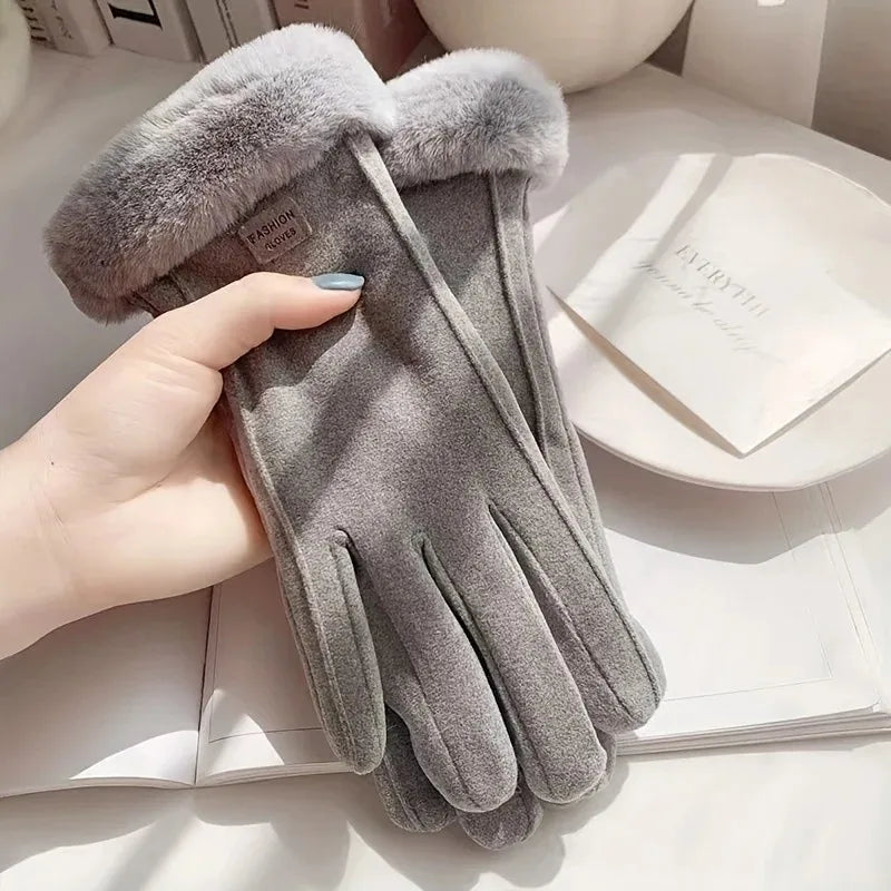 Comfortable beige touchscreen gloves with plush lining - providing thick and warm winter protection for outdoor leisure