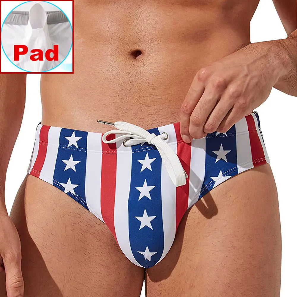 Mens USA Flag Stars Low Rise Swimwear Swim Bikini Briefs Swimsuit Beach Shorts Swimming Trunks Pouch Padded Bathing Suit Panties