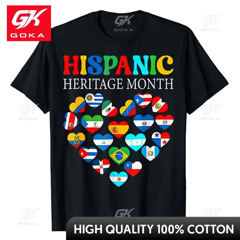 Happy National Hispanic Heritage Month All Countries Heart Flags T-Shirt Hispanic Latino Americans Tops Short Sleeve Graphic Tee