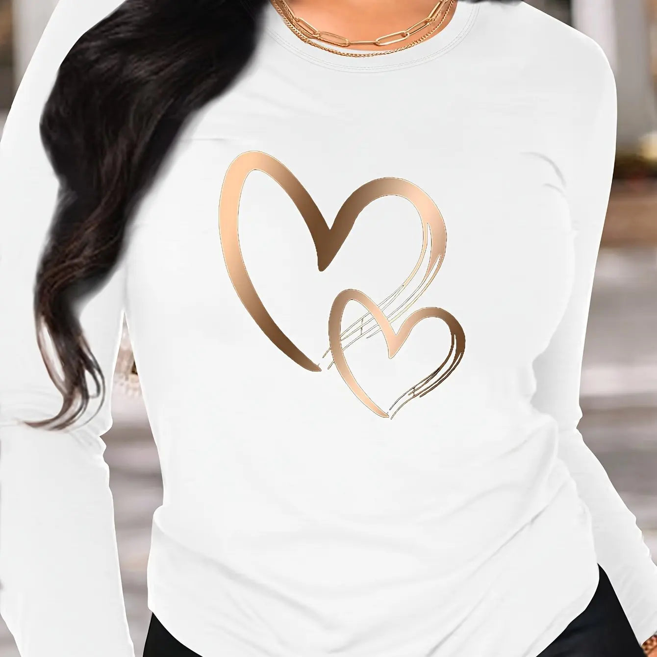 Spring and Autumn Women's 100% Cotton Fashion Casual Loose Heart Pattern Printed Long Sleeve Round Neck T-shirt