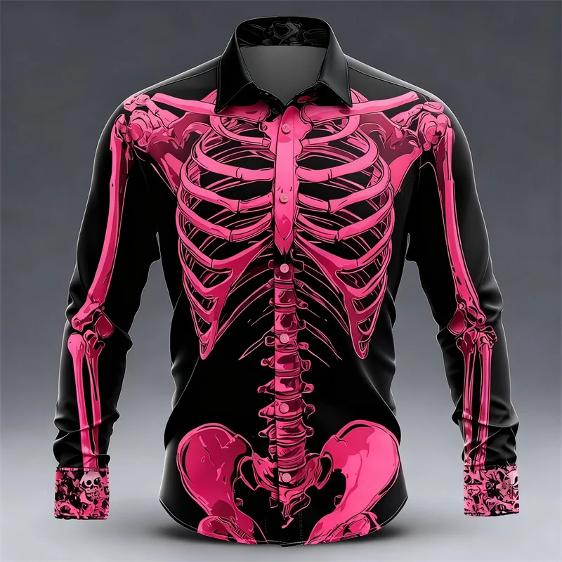New men's long sleeved shirt skeleton 3D skull print shirt men's fashion pattern long sleeved shirt casual top