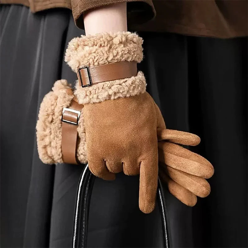 Women's Winter Gloves with Fleece Lining, Warm, Windproof, Cold-Resistant, Plush Decoration, Touchscreen Compatible, Suitable fo