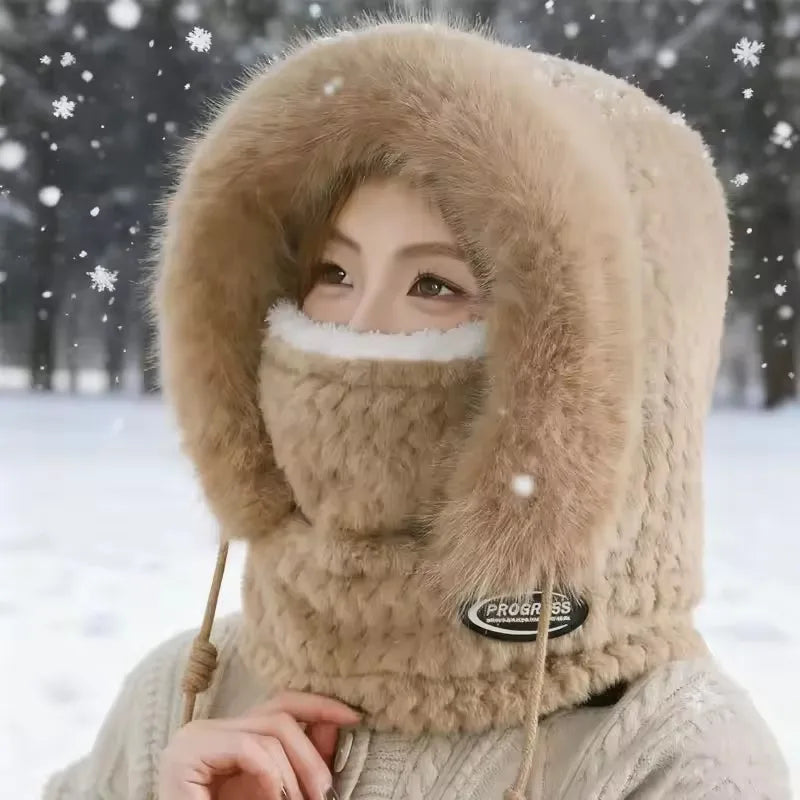 Winter Riding Hat for Women Hood Scarf Mask and Ear Cover Thick Thermal Windproof for Electric Scooter Outdoor Cycling Warmth
