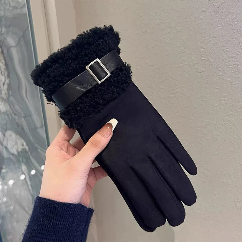 Women's Winter Gloves with Fleece Lining, Warm, Windproof, Cold-Resistant, Plush Decoration, Touchscreen Compatible, Suitable fo