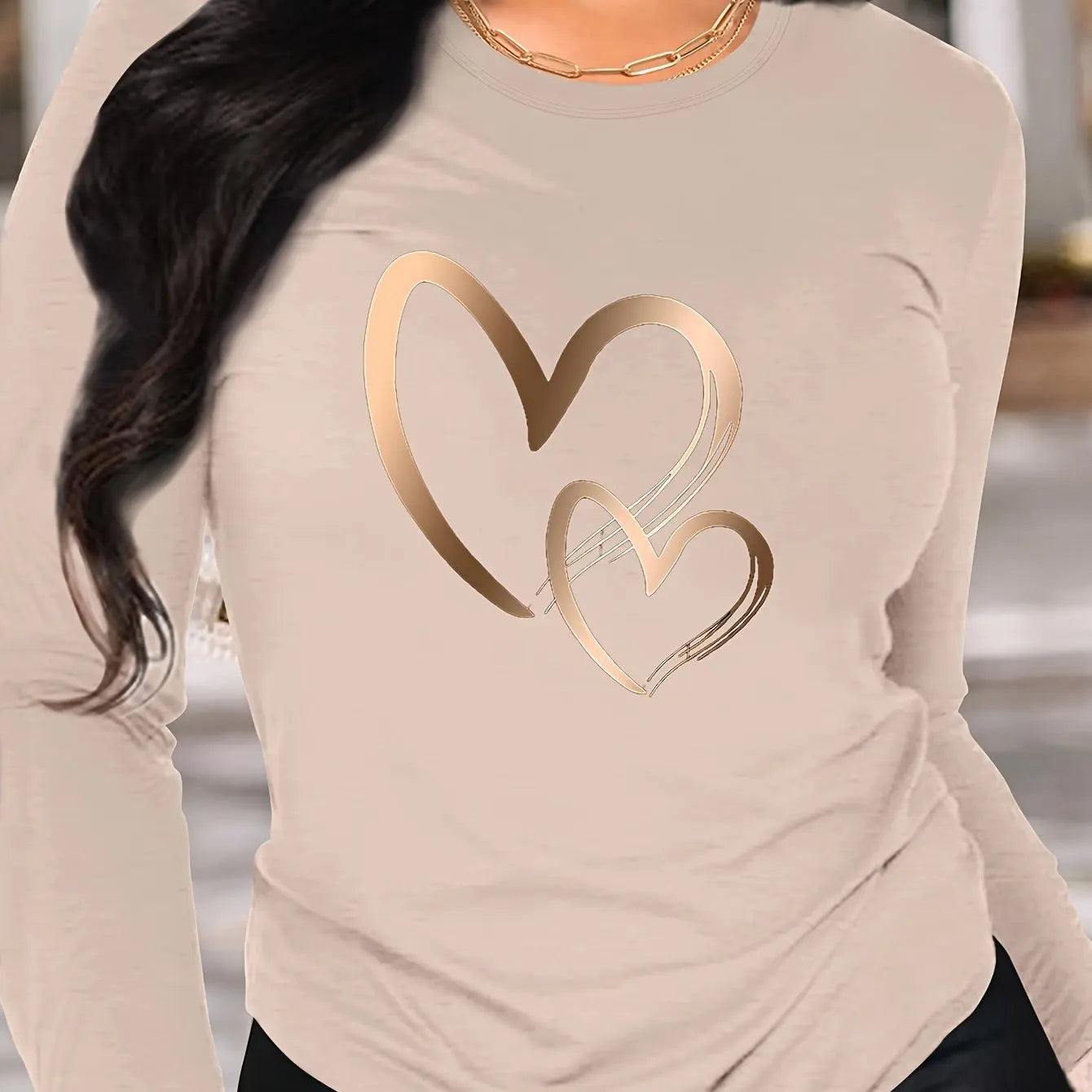Spring and Autumn Women's 100% Cotton Fashion Casual Loose Heart Pattern Printed Long Sleeve Round Neck T-shirt