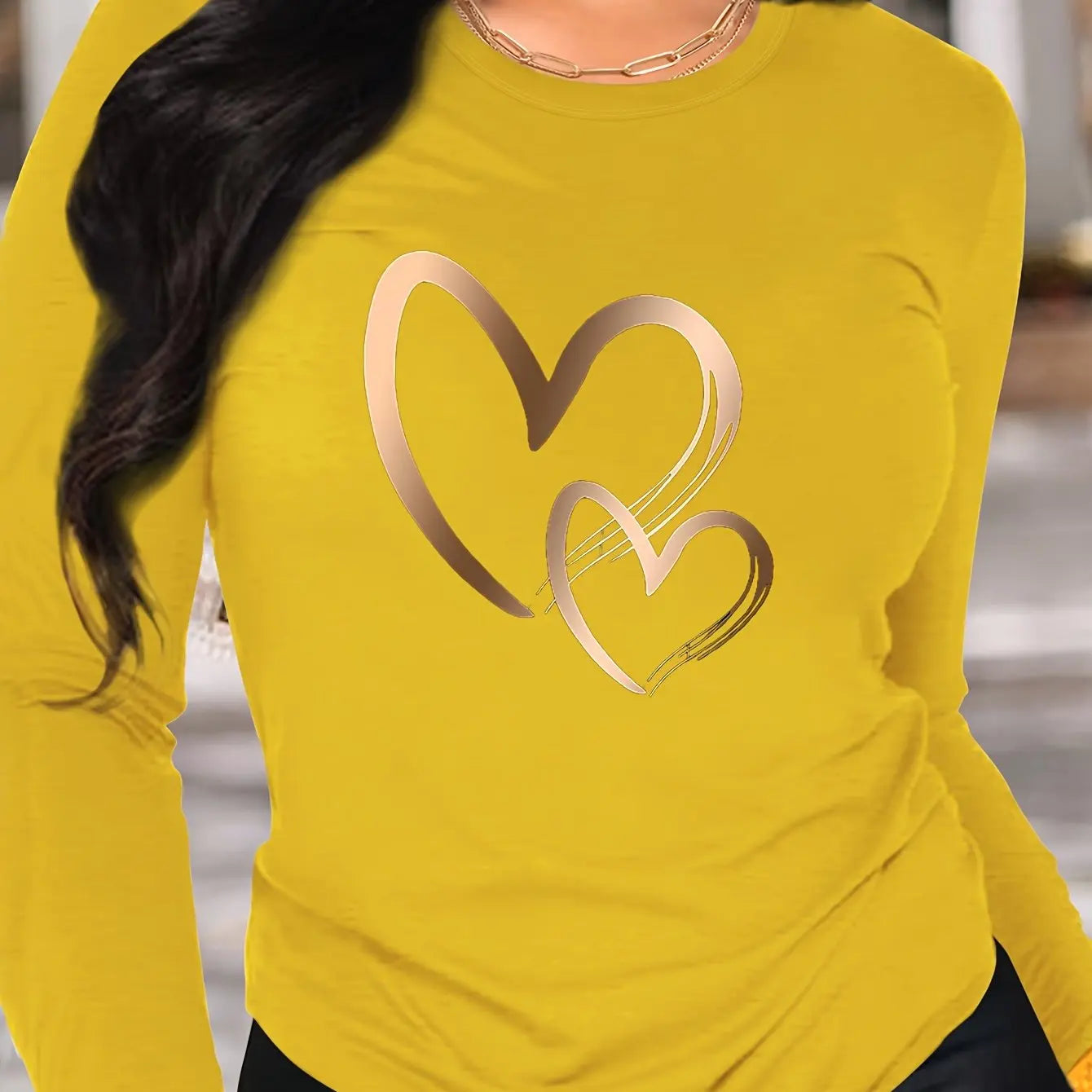 Spring and Autumn Women's 100% Cotton Fashion Casual Loose Heart Pattern Printed Long Sleeve Round Neck T-shirt