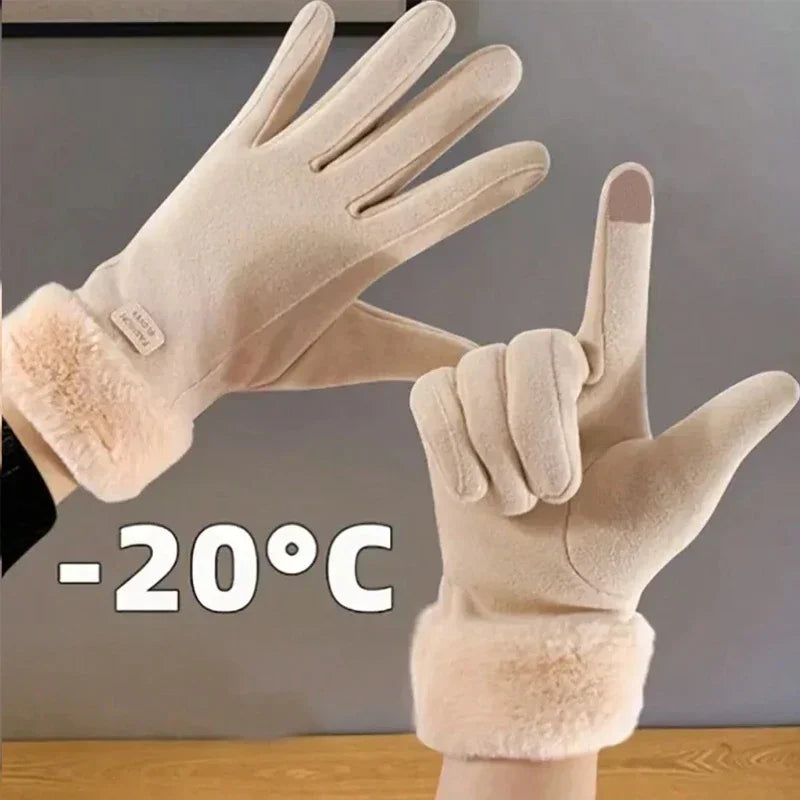 Comfortable beige touchscreen gloves with plush lining - providing thick and warm winter protection for outdoor leisure