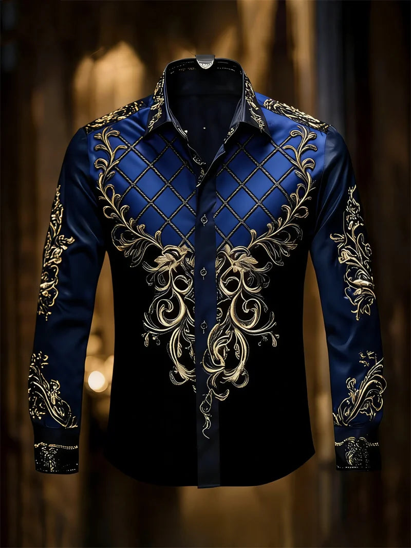 New men's 11 color 3D grid printed shirt with high-quality patterns, casual and fashionable long sleeved lapel shirt