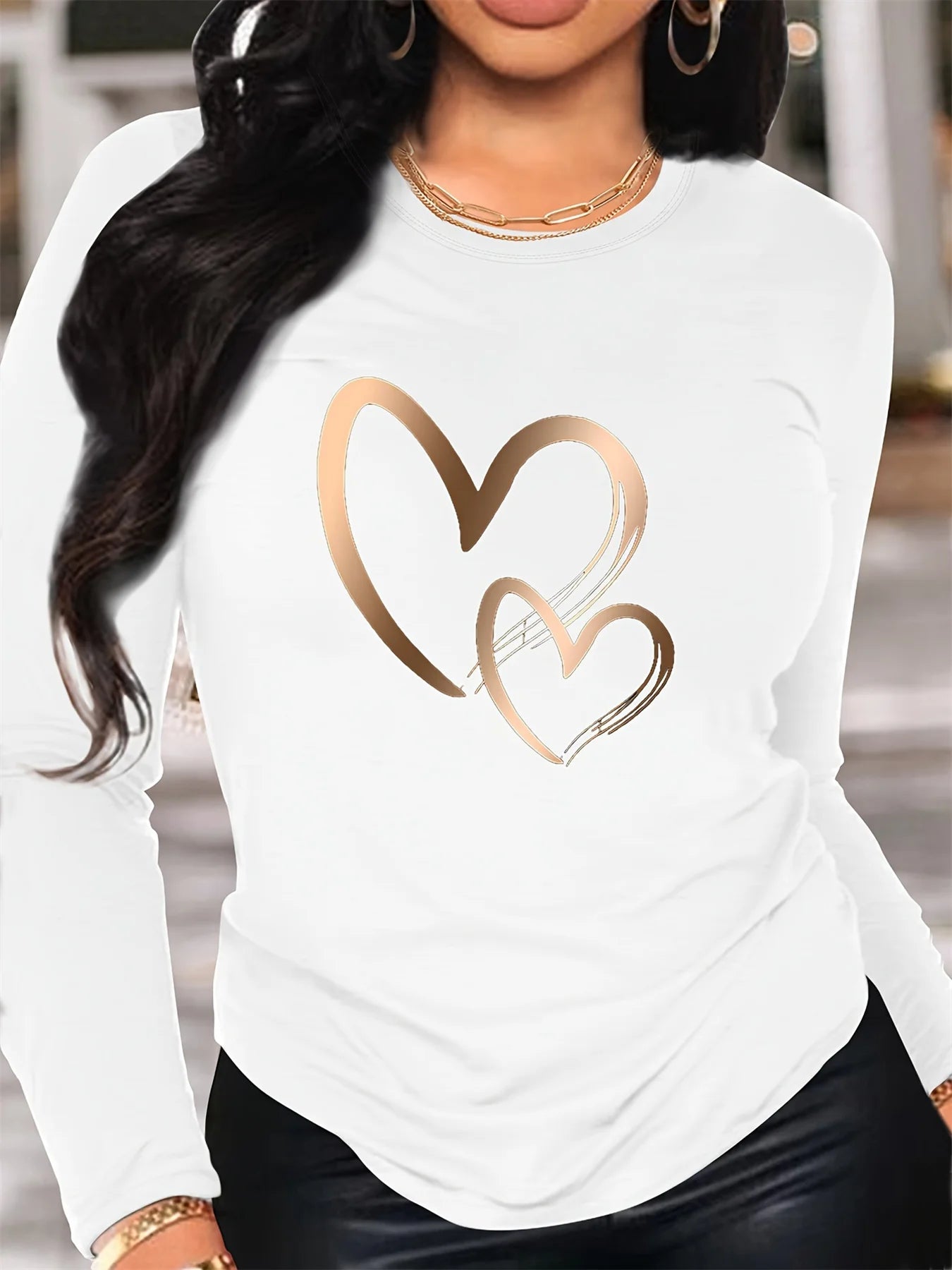Spring and Autumn Women's 100% Cotton Fashion Casual Loose Heart Pattern Printed Long Sleeve Round Neck T-shirt