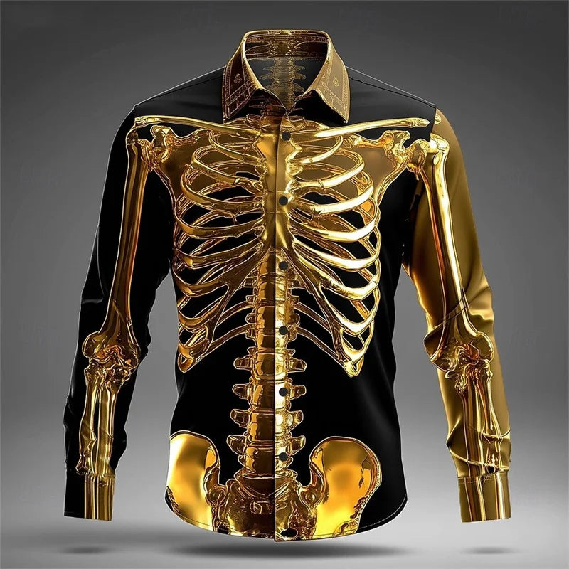 New men's long sleeved shirt skeleton 3D skull print shirt men's fashion pattern long sleeved shirt casual top