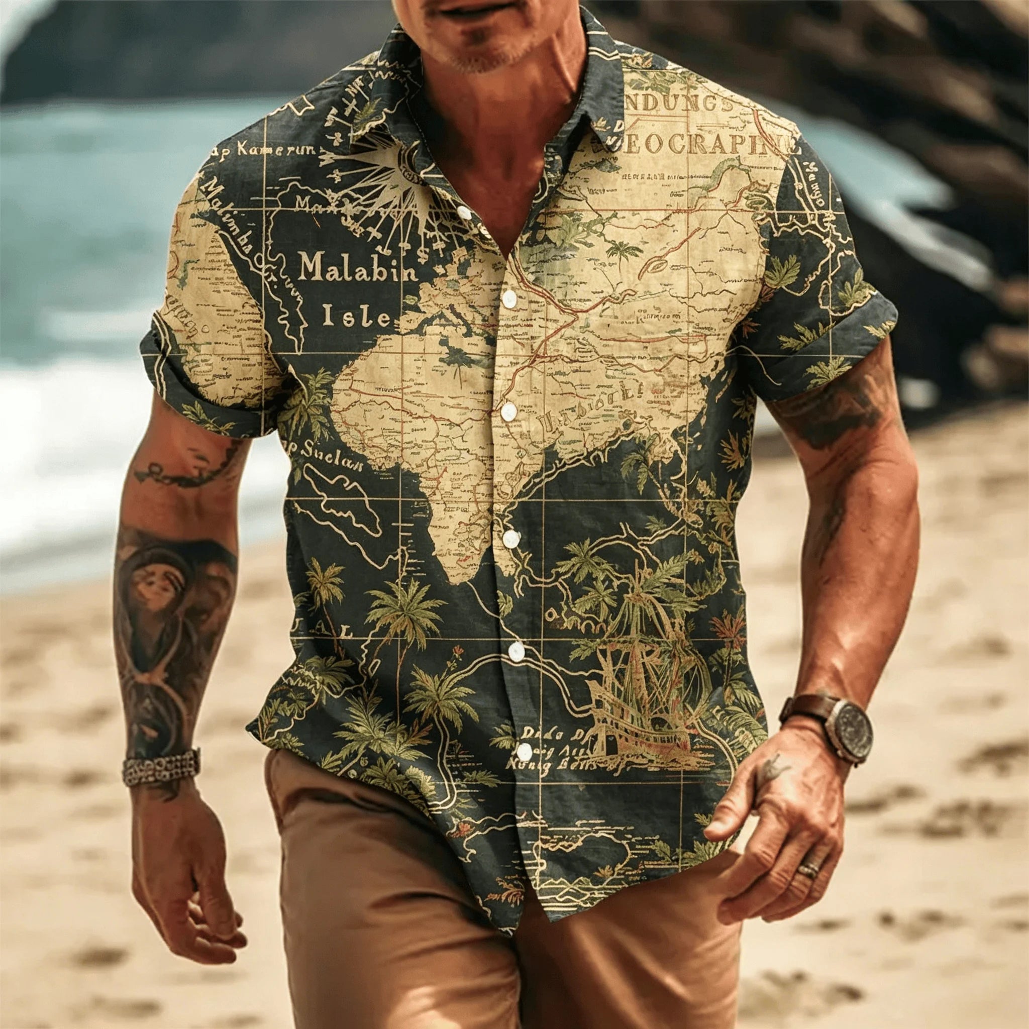 Men's Vintage Pirate Treasure Map Print Short Sleeve Shirt, Casual Nautical Button Up Shirt for Spring & Summer