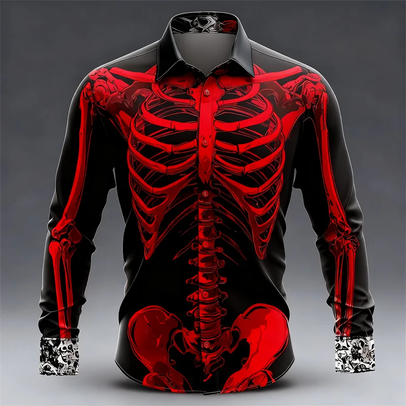 New men's long sleeved shirt skeleton 3D skull print shirt men's fashion pattern long sleeved shirt casual top
