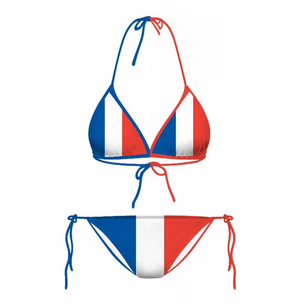 CLOOCL Sexy Bikini Sets French Flag 3D Printed Swimsuit Beach Pool Vacation Adjustable Lacing Bikini Suits No Chest Pad