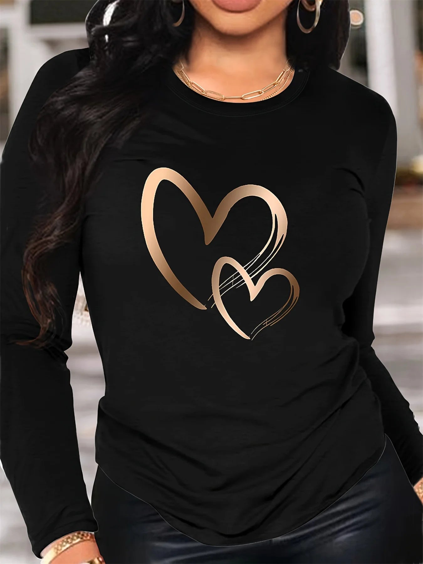 Spring and Autumn Women's 100% Cotton Fashion Casual Loose Heart Pattern Printed Long Sleeve Round Neck T-shirt