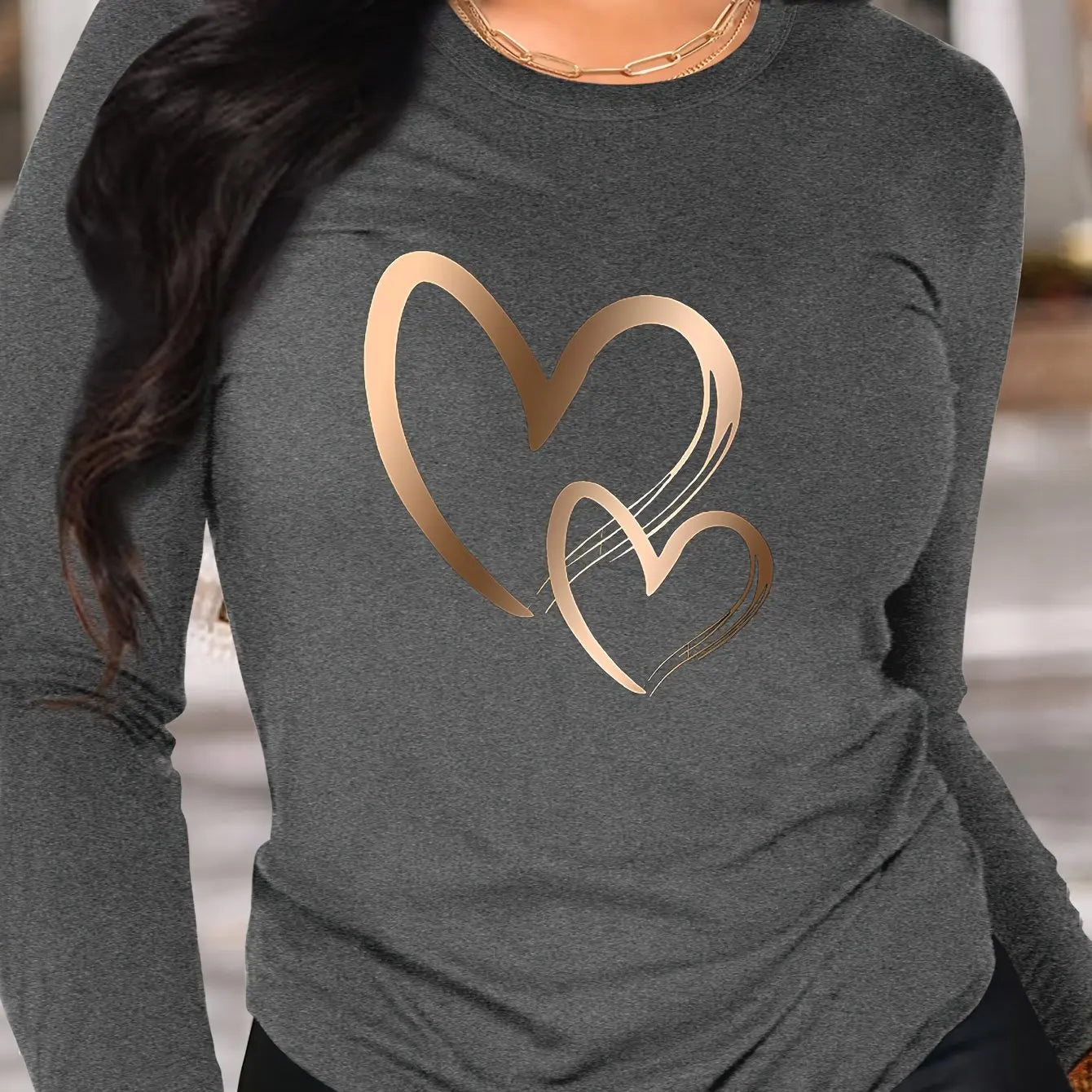 Spring and Autumn Women's 100% Cotton Fashion Casual Loose Heart Pattern Printed Long Sleeve Round Neck T-shirt