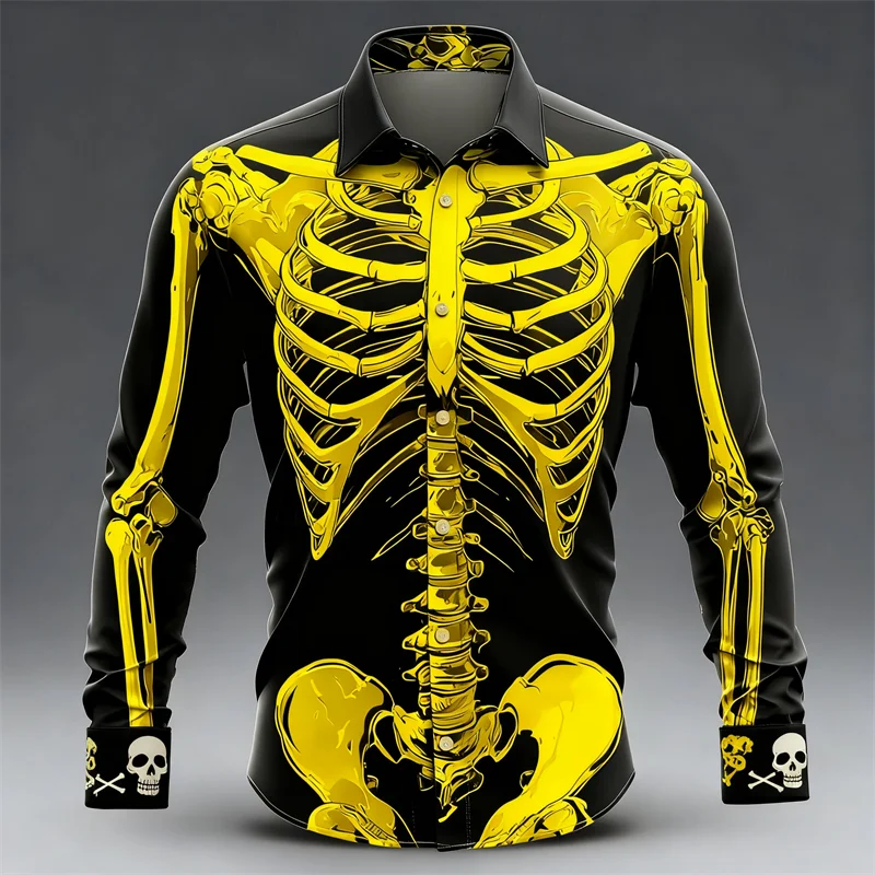 New men's long sleeved shirt skeleton 3D skull print shirt men's fashion pattern long sleeved shirt casual top