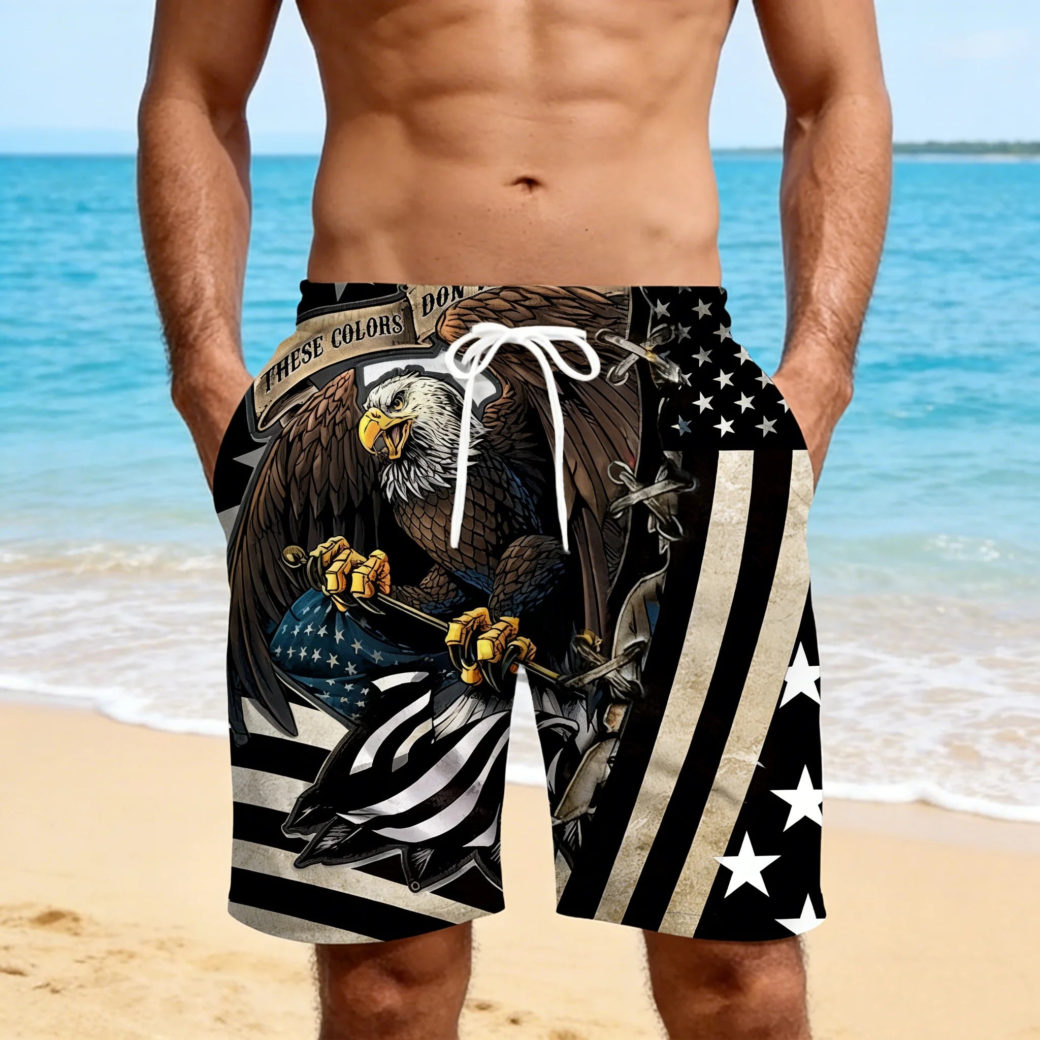 2026 Men 3D USA Flag Graphic Beach Shorts Men's USA Flag Print Surf Board Trunks Male Hawaii Swimwear Pants Mens Cool Ice Shorts