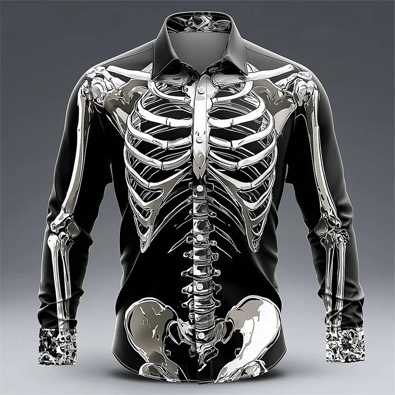 New men's long sleeved shirt skeleton 3D skull print shirt men's fashion pattern long sleeved shirt casual top