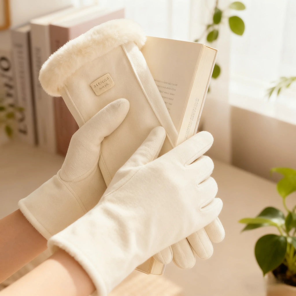 Comfortable beige touchscreen gloves with plush lining - providing thick and warm winter protection for outdoor leisure