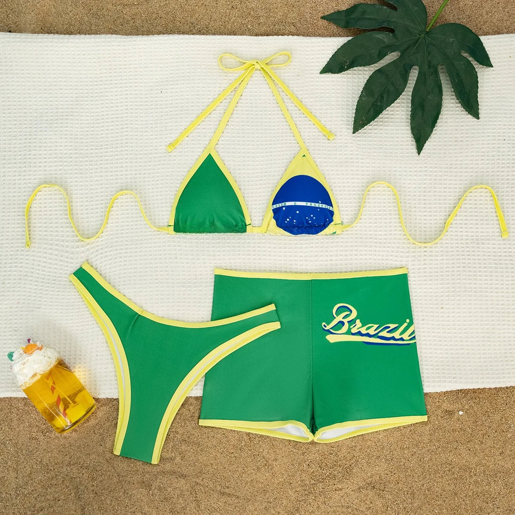 Sexy Flag Print Bikini Shorts Three-Piece Set for Women Cross-Border Swimwear Polyester Fabric Suitable for Swimming And Wate...