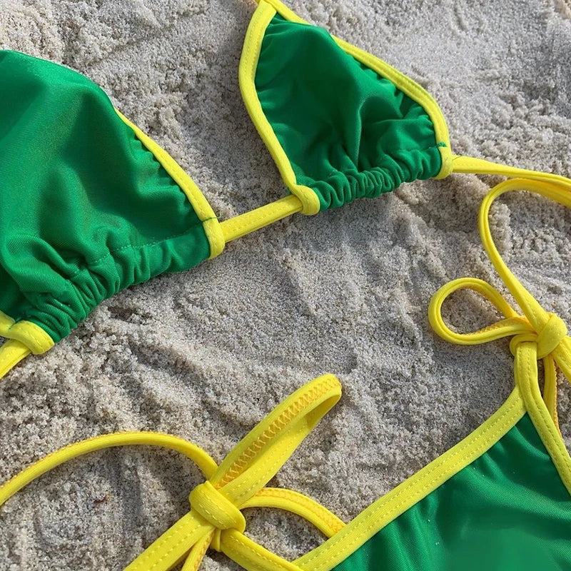3 Piece Set  Bikini High Waist Swimsuit Sexy Thong Bikini Set Green Baby Tee Brazilian Swimwear 2024 Biquini Suits Tie Women Set