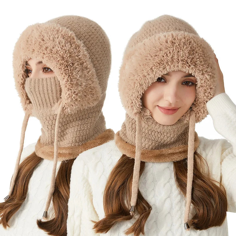 Thermal Knitted Balaclava Hood With Face Mask And Scarf For Women Winter Cycling Outdoor Activities Windproof Ear Warm Hat