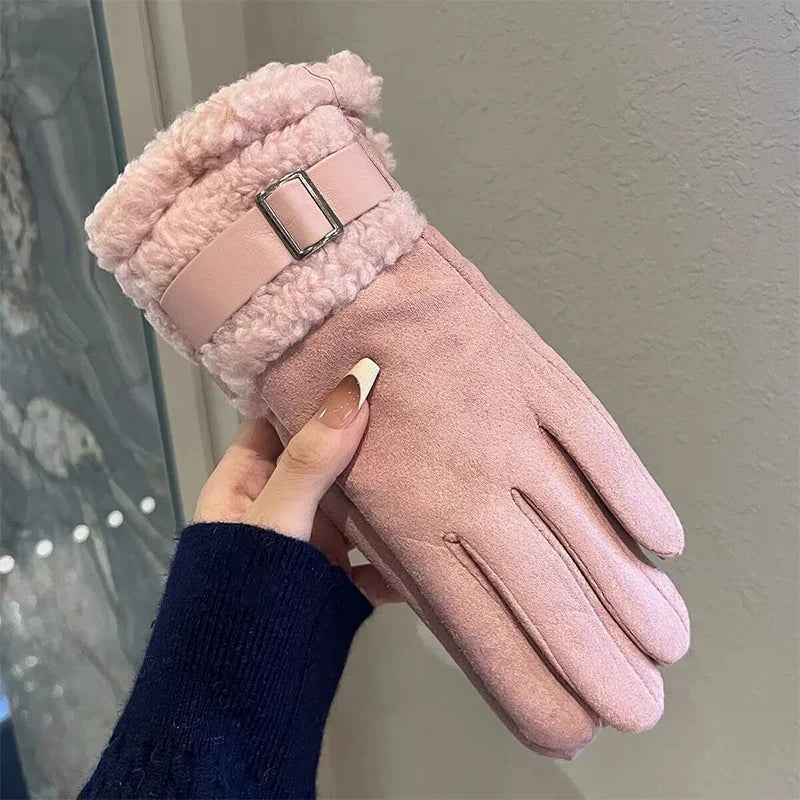 Women's Winter Gloves with Fleece Lining, Warm, Windproof, Cold-Resistant, Plush Decoration, Touchscreen Compatible, Suitable fo