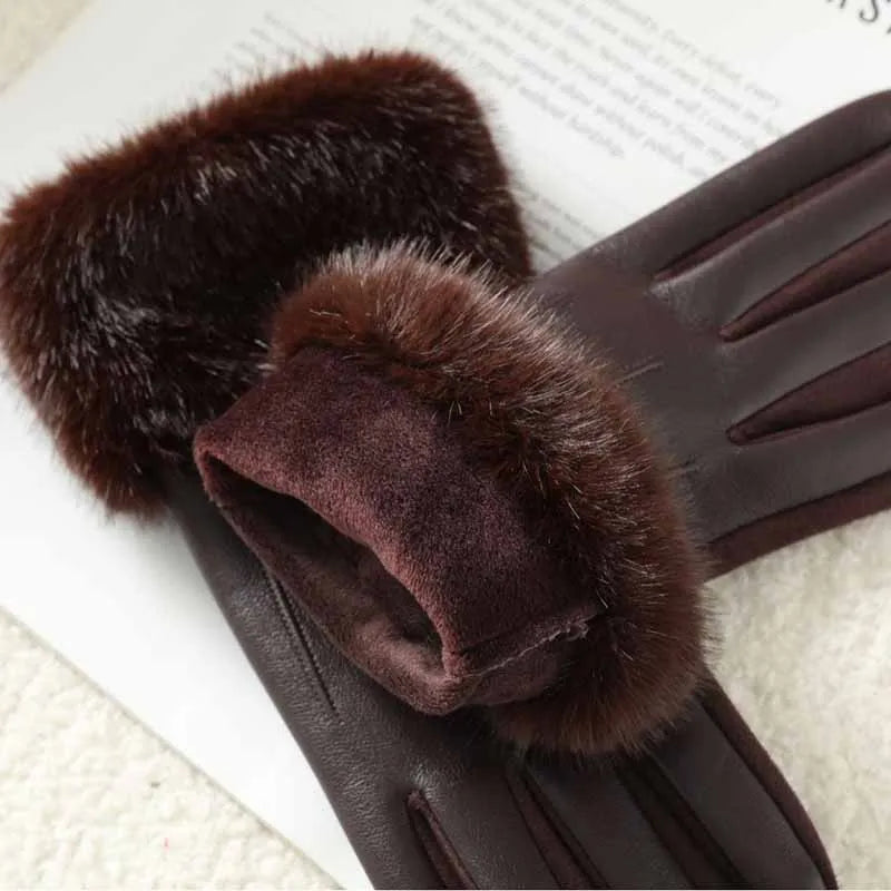 Winter Luxury Women's PU Leather Gloves Wrist Soft Faux Fur Trim Cuff Fashion Elegant Party Warm Touch Screen Drive Cycling