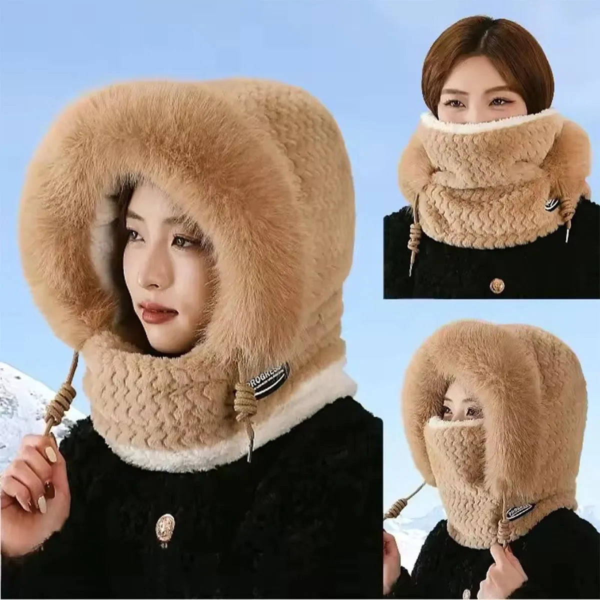 Winter Riding Hat for Women Hood Scarf Mask and Ear Cover Thick Thermal Windproof for Electric Scooter Outdoor Cycling Warmth