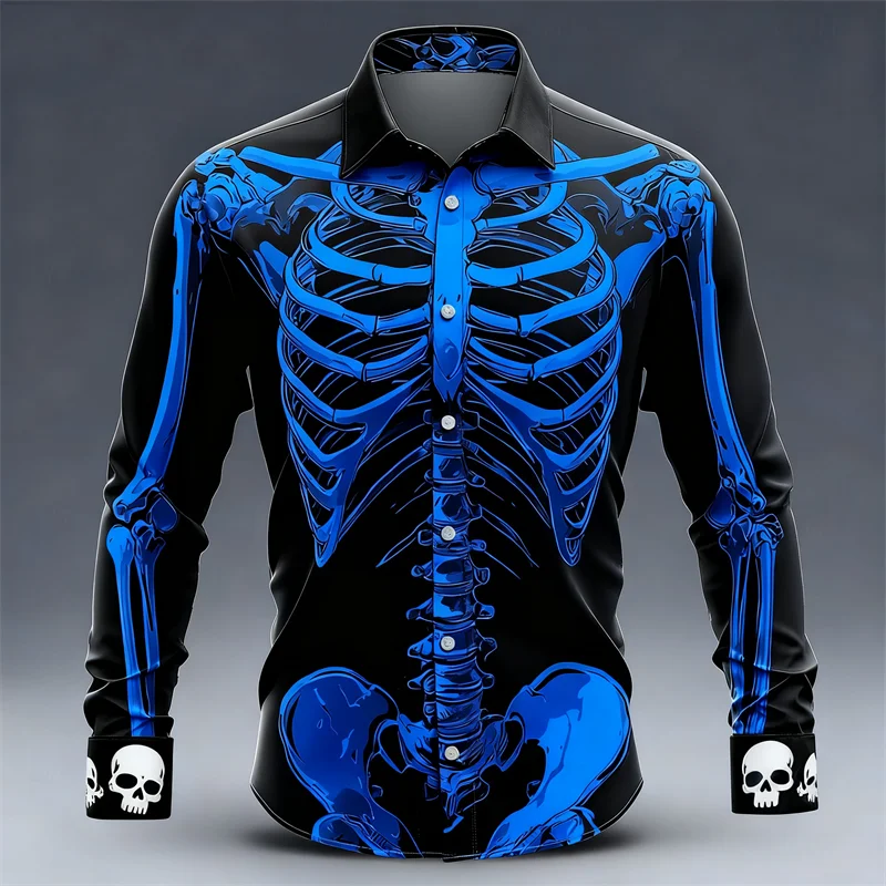 New men's long sleeved shirt skeleton 3D skull print shirt men's fashion pattern long sleeved shirt casual top